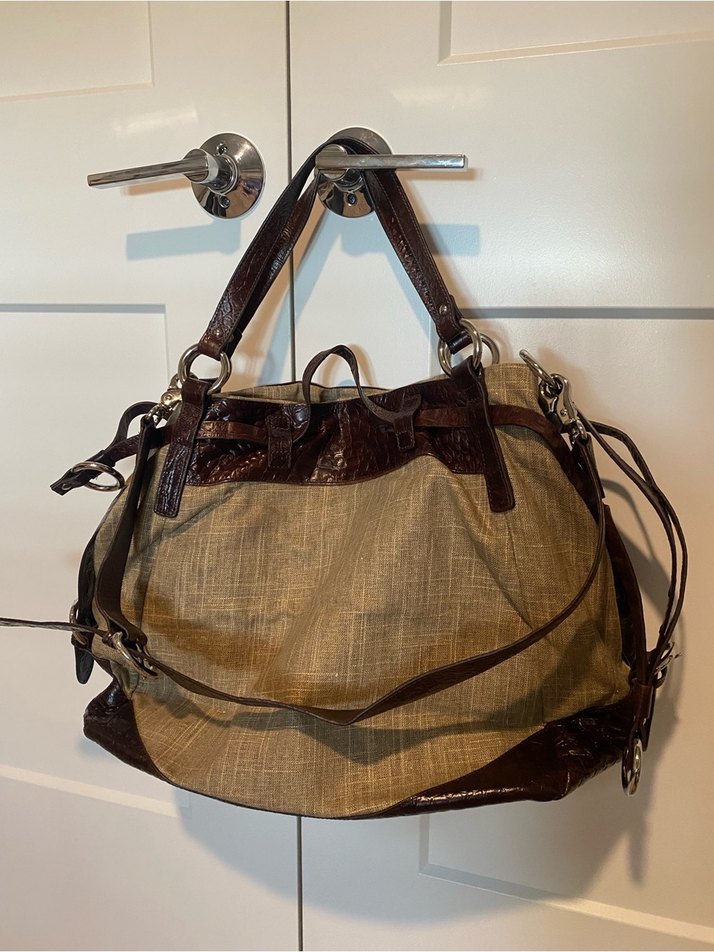 Hilary Radley Beige Canvas Tote with Dark Brown Leather Trim